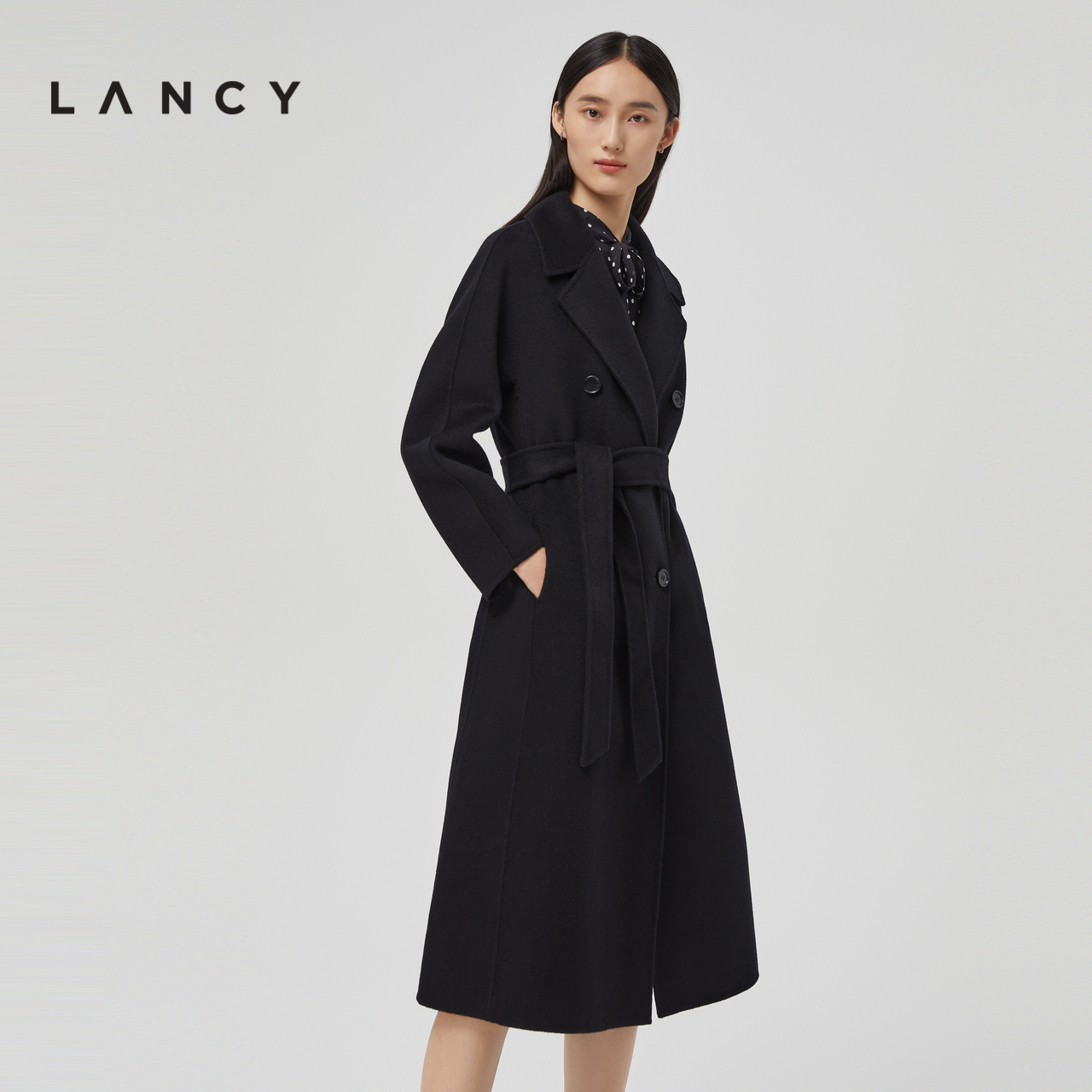 LANCY/朗姿秋冬季新款廓形羊毛大衣中长款通勤宽松休闲毛呢外套女