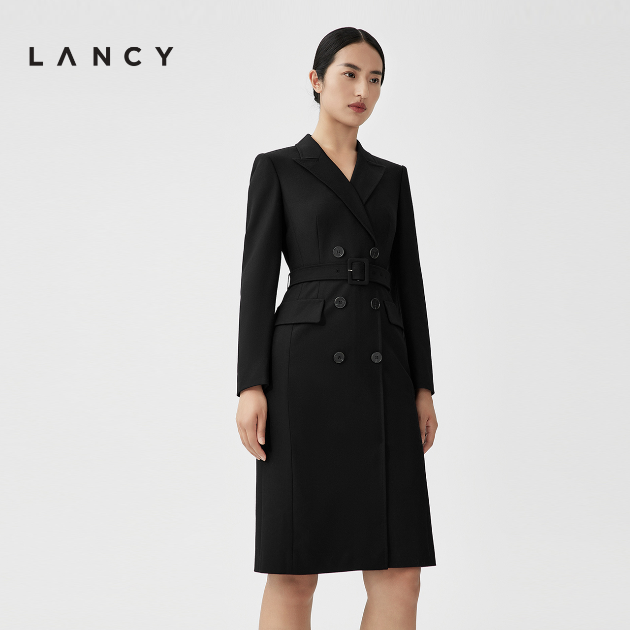 LANCY/朗姿2023秋冬季新款黑色西装连衣裙收腰显瘦长袖羊毛裙子女