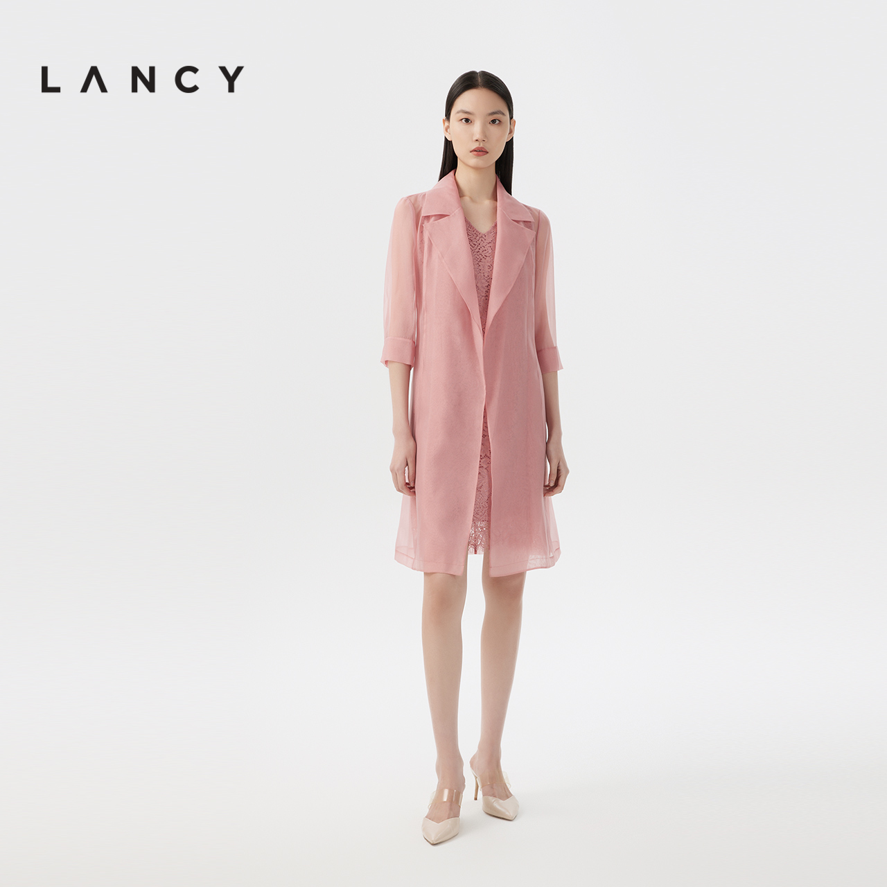 LANCY/朗姿2023夏季新款薄款中长款风衣两件套内搭蕾丝连衣裙女