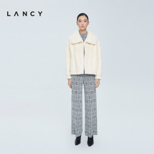 LANCY/朗姿水貂毛2022冬季新款短外套女白色翻领皮草简约大气