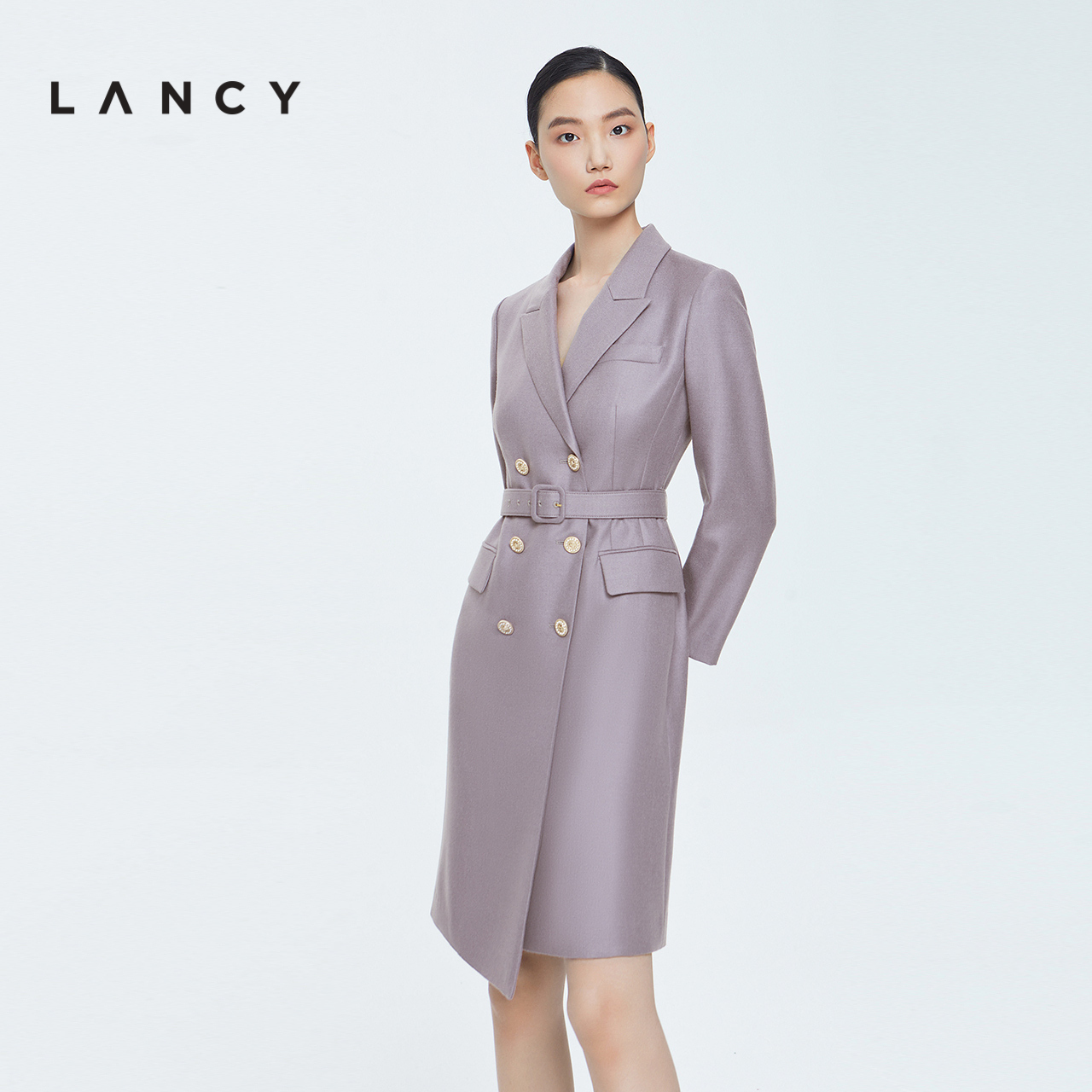 LANCY/朗姿羊绒2022冬季新款西装收腰连衣裙女羊毛女士高端裙子