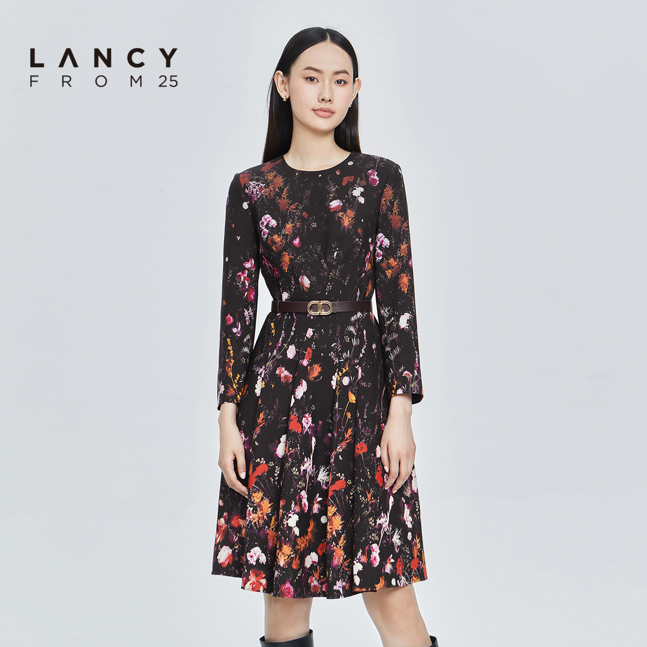 lancy/悦朗姿2022冬季新款印花连衣裙女收腰显瘦气质女士裙子