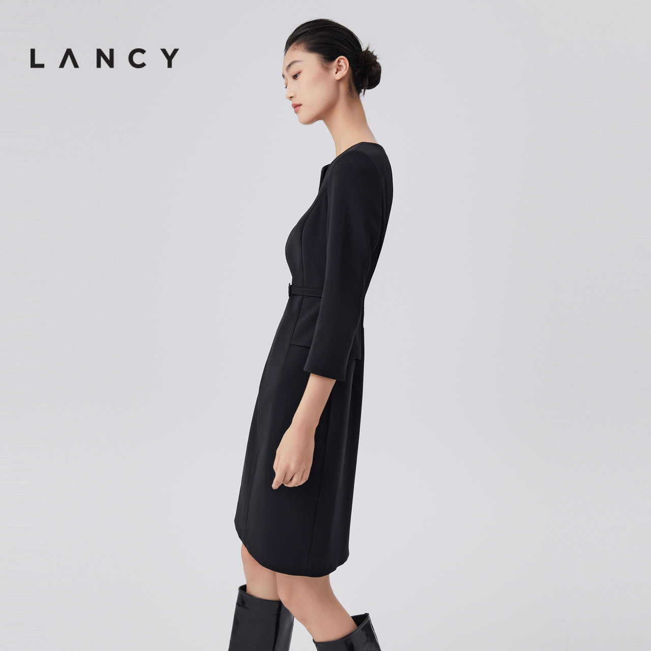 【醋酸】LANCY/朗姿小V领气质连衣裙子女收腰显瘦高级感法式通勤 - 图1