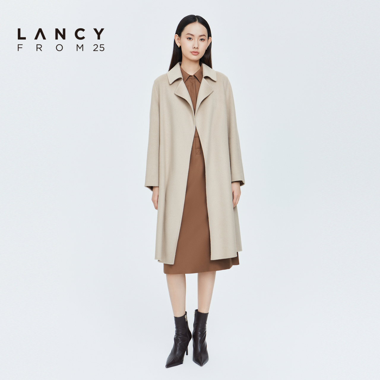 LANCY/朗姿冬季新款羊毛大衣中长款收腰毛呢外套女士简约气质高端