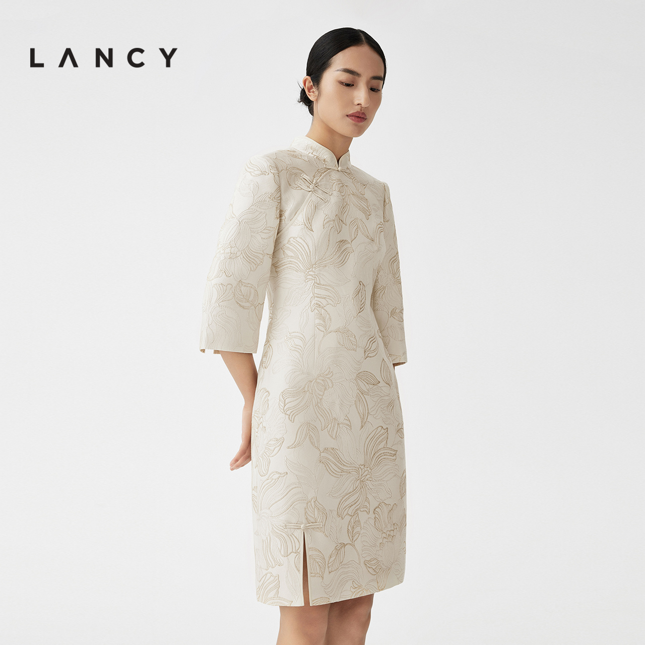 LANCY/朗姿2023冬季新款新中式旗袍连衣裙子女收腰七分袖印花收腰