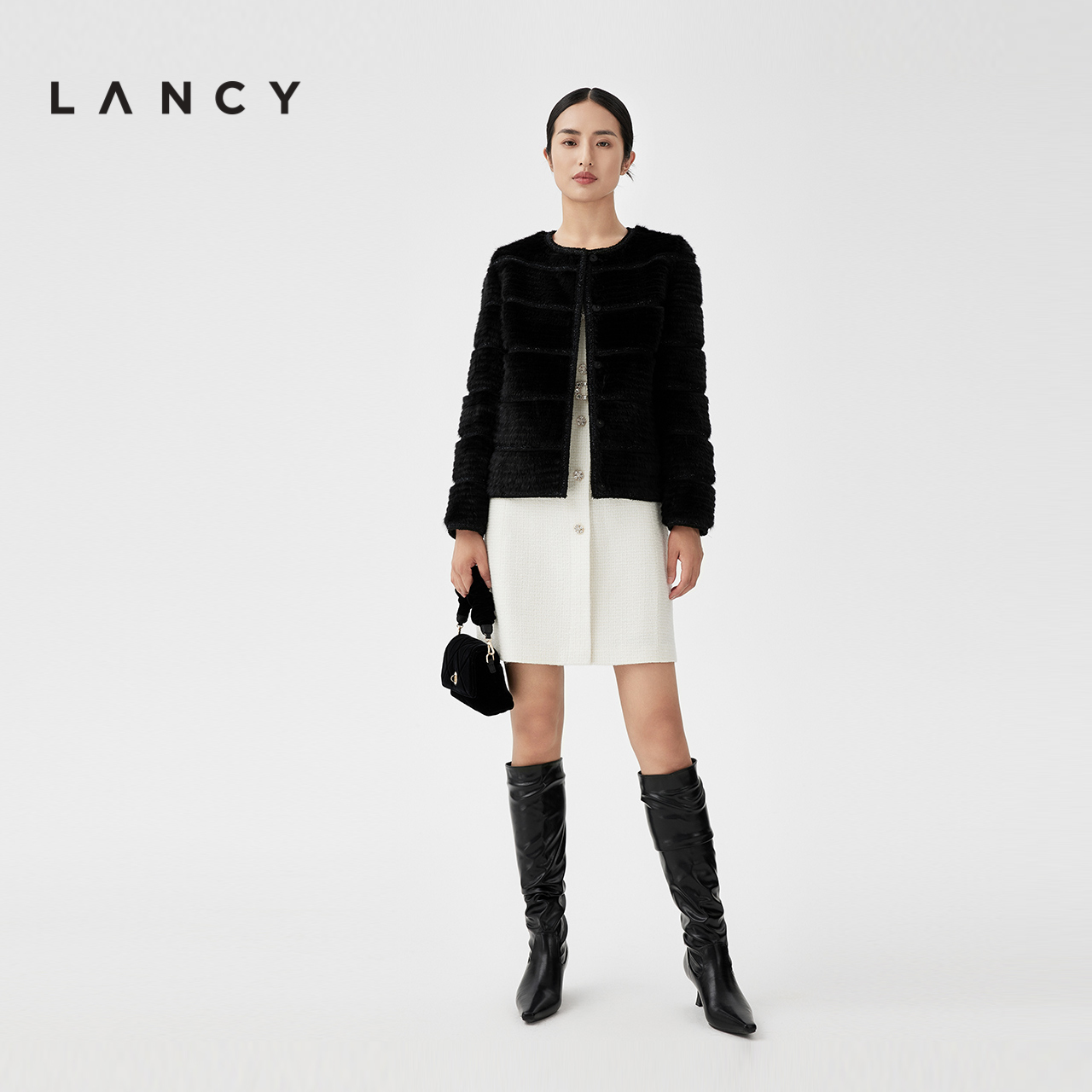 LANCY/朗姿2023冬季新款短外套水貂毛皮女士皮草圆领宽松羊毛上衣