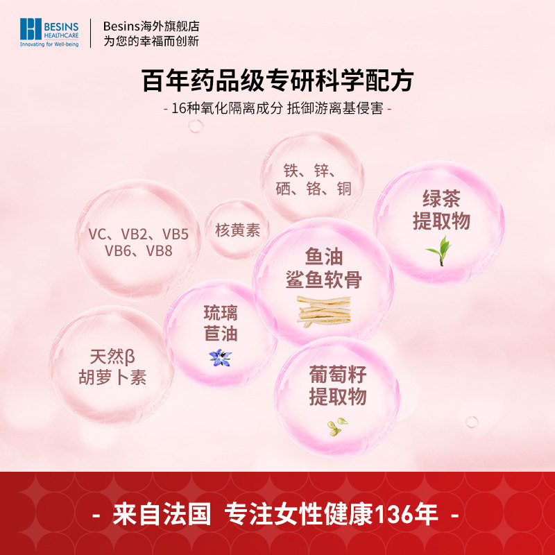 博赏进口葡萄籽红白抗糖内服胶囊 BESINS海外丽人海外膳补