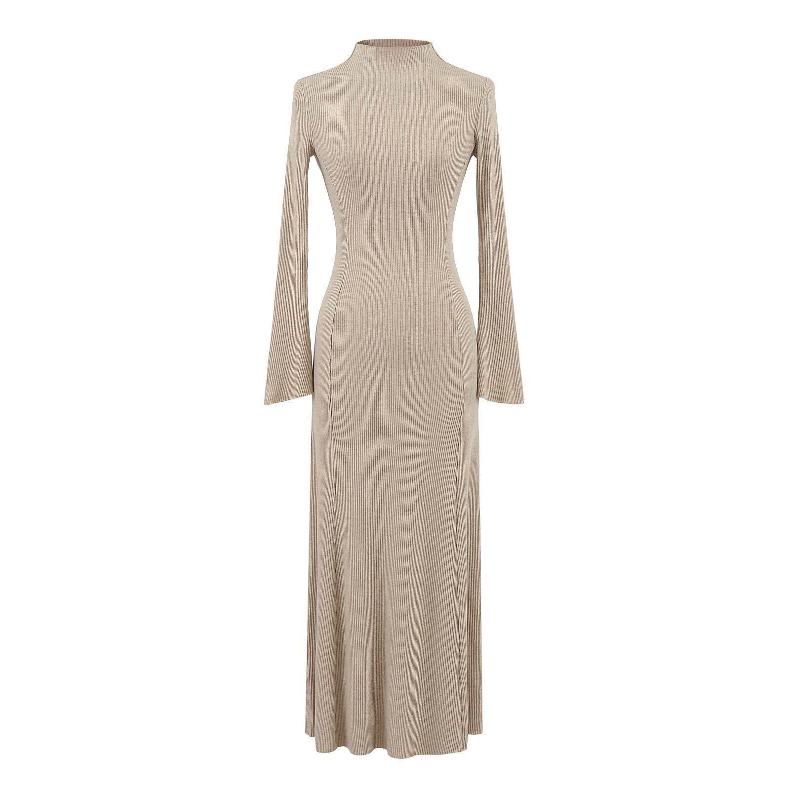 法式赫本风半高领喇叭袖针织长袖连衣裙女秋冬收腰显瘦内搭打底裙