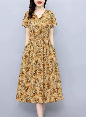 现货2024夏天新款宽松收腰过膝短袖女装裙子夏季印花遮肉连衣裙中