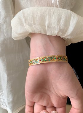 燕归金朱雀珐琅彩足银重工手镯