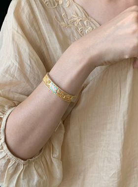 燕归叶春蝶国风珐琅彩足银手镯女