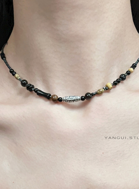 燕归原创墨续黑曜石纯银情侣项链