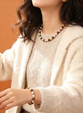 天然白蝶贝母虎眼石串珠项链轻奢