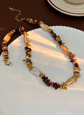 美拉德天然石串珠锁骨链秋冬氛围