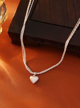 银色拉丝爱心吊坠双层项链优雅