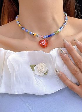 多巴胺彩色串珠项链爆款爱心琉璃