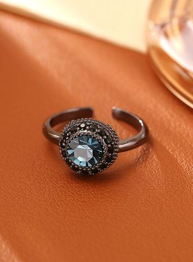 爆款墨蓝色锆石活口戒指高级感