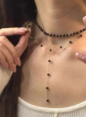极细黑色圆珠金色项链女高级设计