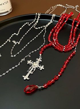 红色水晶多层十字架吊坠项链甜酷