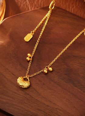 中国风古法沙金平安锁项链复古