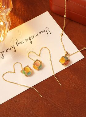 抖音爆款猫眼石魔方项链耳环夏日