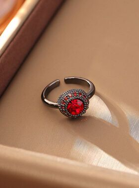 爆款红色锆石枪黑色开口戒指高级
