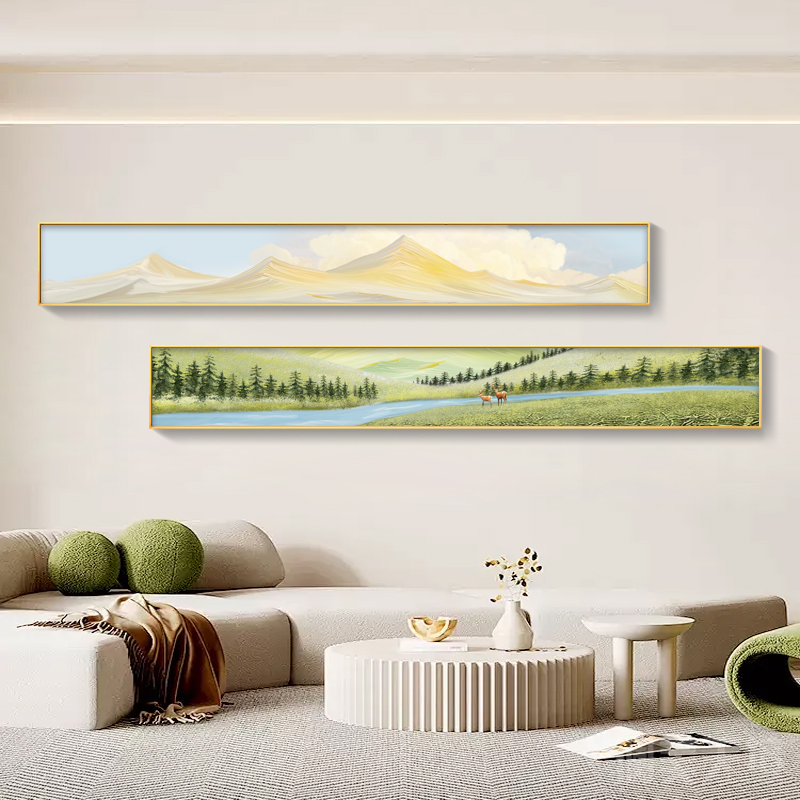 日照金山奶油风客厅装饰画沙发背景墙横幅窄长条壁画风景山水挂画