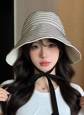 夏季大帽檐渔夫帽子女遮阳帽条纹飘带防晒帽出游海边显脸小太阳帽