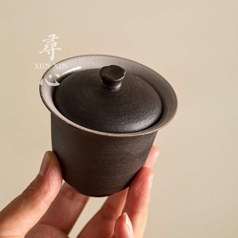 寻心手工粉引二才盖碗陶瓷家用泡茶器防烫小号手抓茶杯泡茶敬茶碗