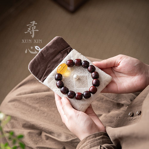 寻心老布刺绣手串收纳包布艺茶道禅意配件首饰收纳袋随身防尘袋 - 图0