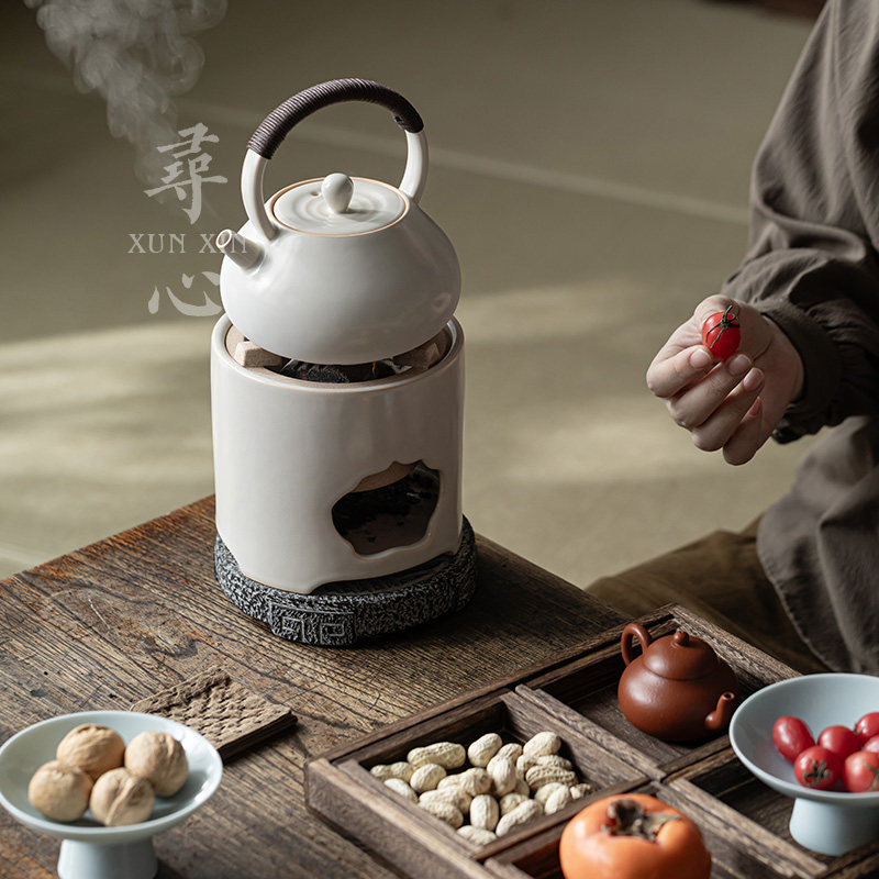 寻心苏打釉陶瓷提梁泡茶壶中式碳炉围炉煮茶家用木炭炉煮茶器套装,淘宝优惠券,粉丝福利购,淘宝优惠卷