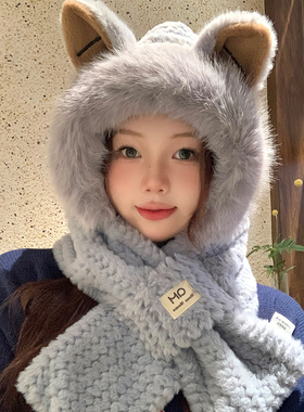 可爱狐狸帽子女骑车保暖护耳厚毛绒套头围巾一体围脖雷锋帽冬神器