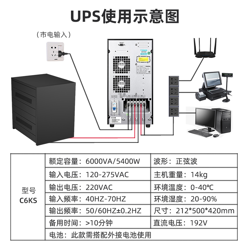 山特UPS电源C6KS在线式6000VA5400W电脑不间断供电稳压延时3小时-图1