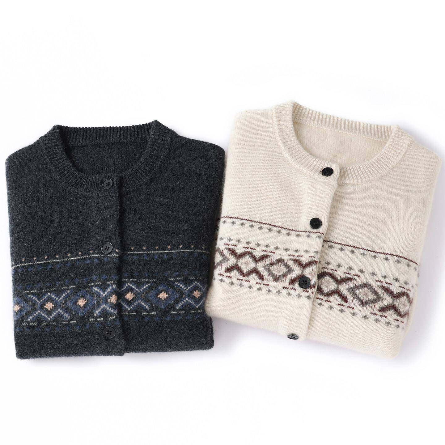 2025秋冬新款山羊绒衫女圆领提花针织开衫女宽松显瘦百搭毛衣外套,淘宝优惠券,粉丝福利购,淘宝优惠卷