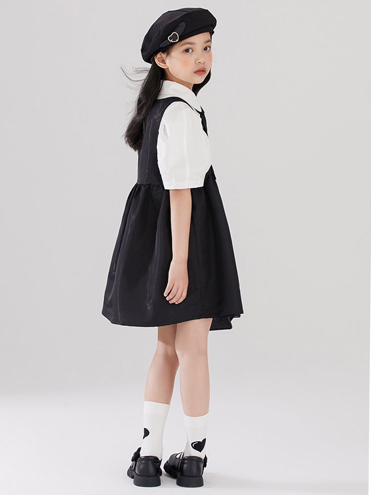 女童衬衫背带连衣裙套装2024夏季新款时髦休闲儿童甜酷黑白蓬蓬裙