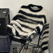 NONONOZ Mahai Mao striped American retro sweater male tide card autumn and winter Lazy Oversize Couple Needle Weaters