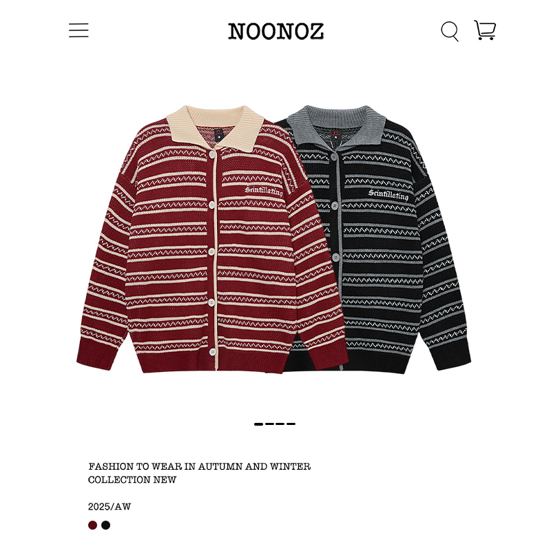 NOONOZ秋冬氛围感国潮条纹翻领毛衣男中性风穿搭潮牌保暖针织外套 - 图1