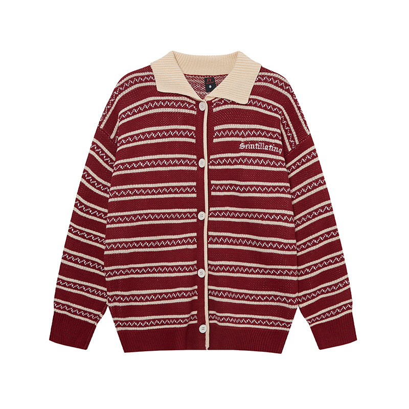 NOONOZ秋冬氛围感国潮条纹翻领毛衣男中性风穿搭潮牌保暖针织外套 - 图3