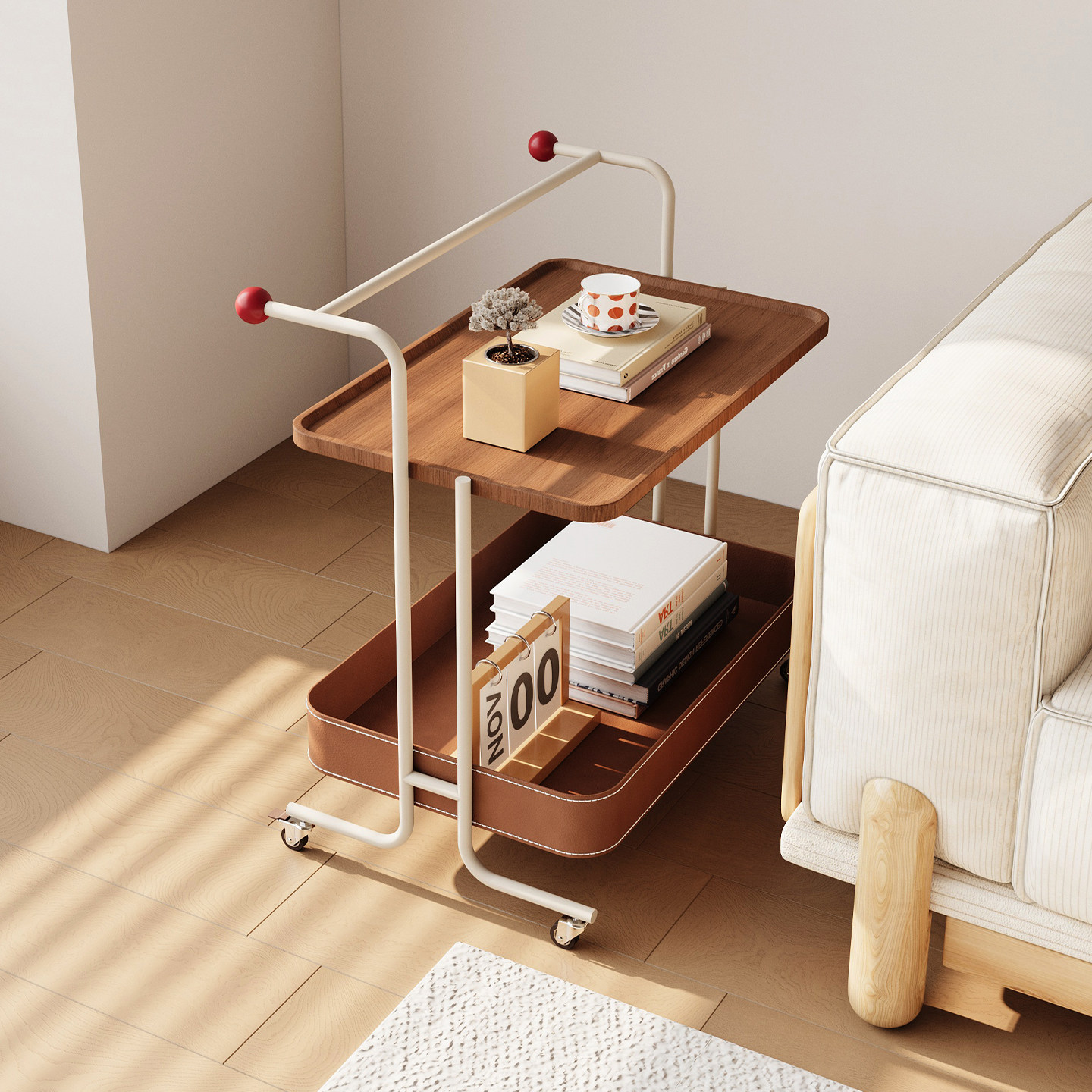 客厅小推车马鞍皮收纳筐可移动落地多层置物架中古风高级沙发边几,淘宝优惠券,粉丝福利购,淘宝优惠卷