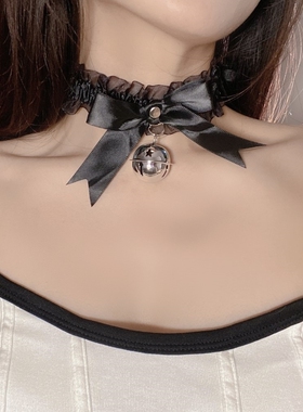 蕾丝蝴蝶结铃铛项链女choker脖子项圈配饰颈带挂脖个性颈链软妹潮