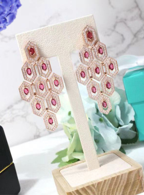 菱形耳坠几何图案红宝石耳钉