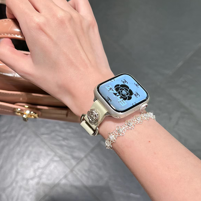 适用于applewatch9苹果s10手表表带朋克风复古细款s8/7/6代SE新款个性创意iwatch表带山茶花金属皮质腕带潮46
