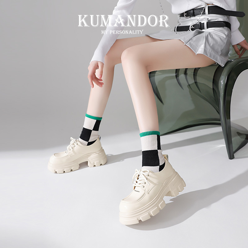 KMD KUMANDOR  2024新款深口粗跟单鞋女英伦厚底小皮鞋增高女鞋子 - 图0