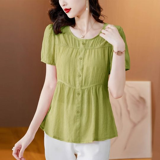 纯色短袖衬衫女夏季2025新款中年妈妈装洋气减龄高端大码上衣小衫