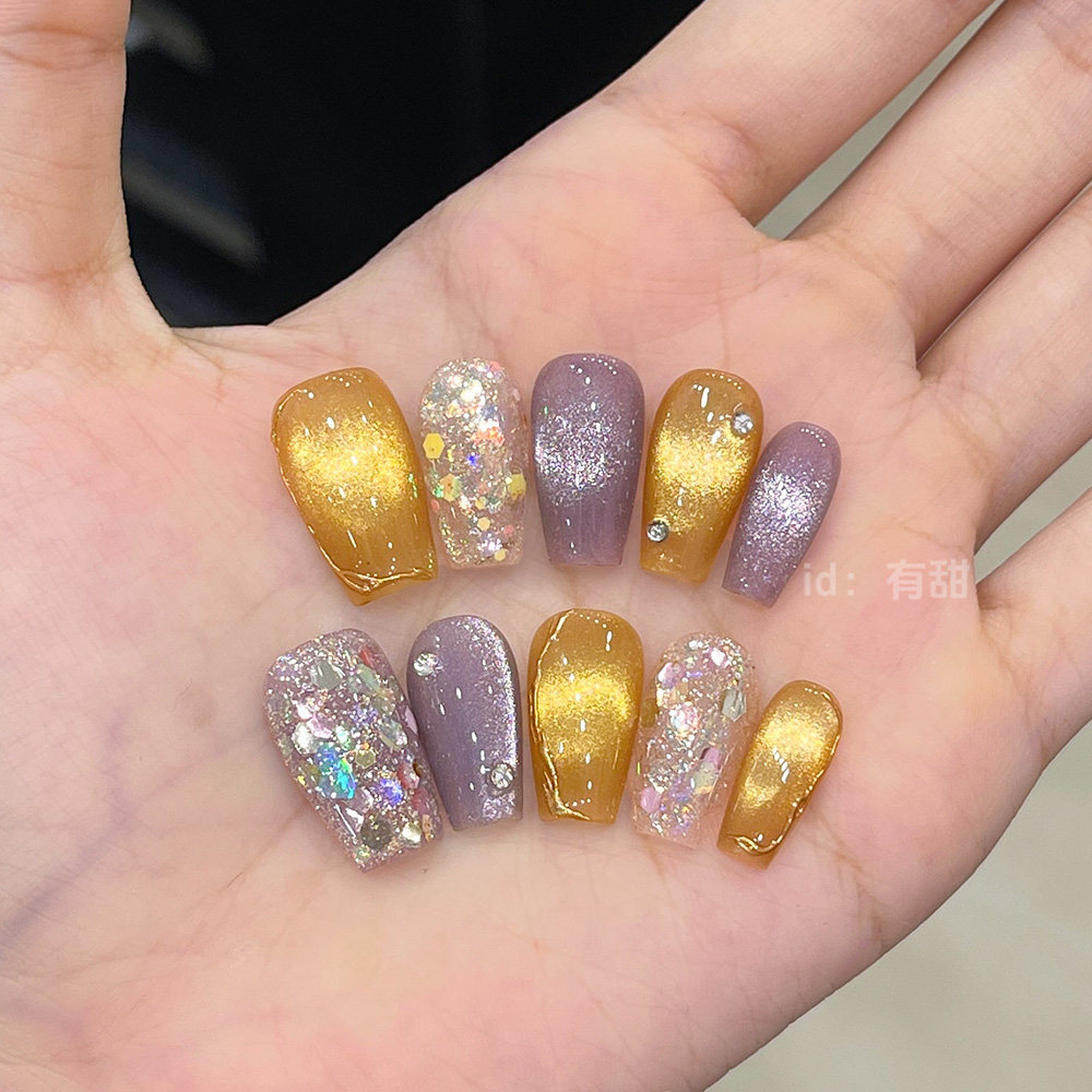 金色猫眼穿戴甲短款纯手工绝美指甲贴片2025新款高级感穿戴款美甲,淘宝优惠券,粉丝福利购,淘宝优惠卷