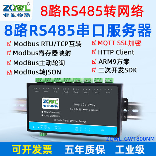 【智嵌物联】工业级8路RS485转以太网模块串口服务器Modbus网关TCP转RTU主动轮询JSON上报HTTP串口转网口 - 图0