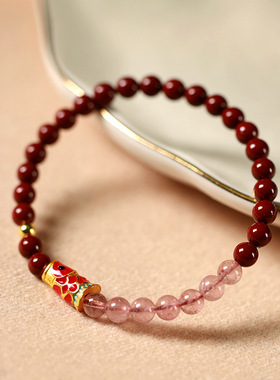 好运锦鲤手链红草莓晶粉晶“朱”事顺意仿朱砂手链上岸饰品手链女
