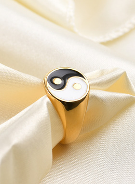 跨境欧美热卖13MM椭圆滴油太极八卦阴阳戒指18K金不锈钢戒指批发