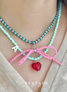 彩色多巴胺蝴蝶结爱心串珠项链女