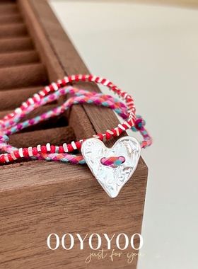 OOYOYOO女925银花朵桃心彩绳手链
